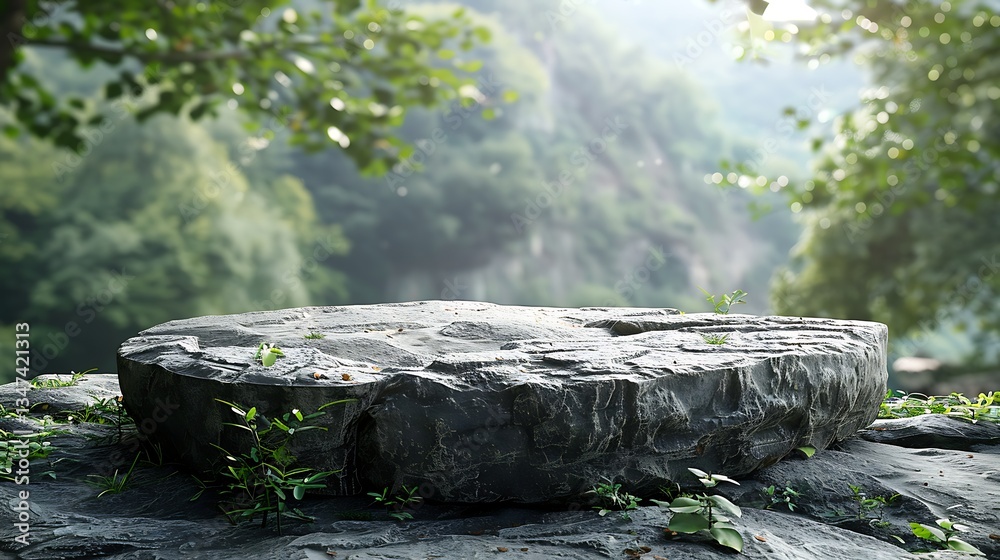 Stone podium on rock platform 3d illustration, grey rock pedestal for a product display stand, green forest and blurred on the background, natural scenery landscape. Stone podium on rock platform 3d illustration, grey rock pedestal for a product display stand, green forest and blurred on the background, natural scenery landscape.