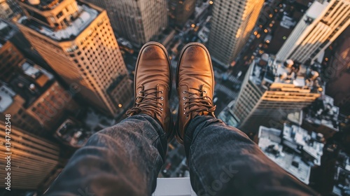 A high aerial view from a ledge, showing a bustling city below from the perspective of brown boots