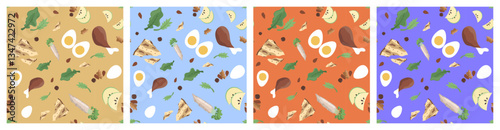 Set of 4 (+ 2 more colors + 1 transparent!) Seamless Bright Patterns for Passover, Israeli Spring Holiday, with symbolic food: eggs, matzah, meat, parsley, bitter herbs, horseradish, apples and nuts.