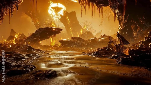 Eerie molten cave with glowing skull-like light.