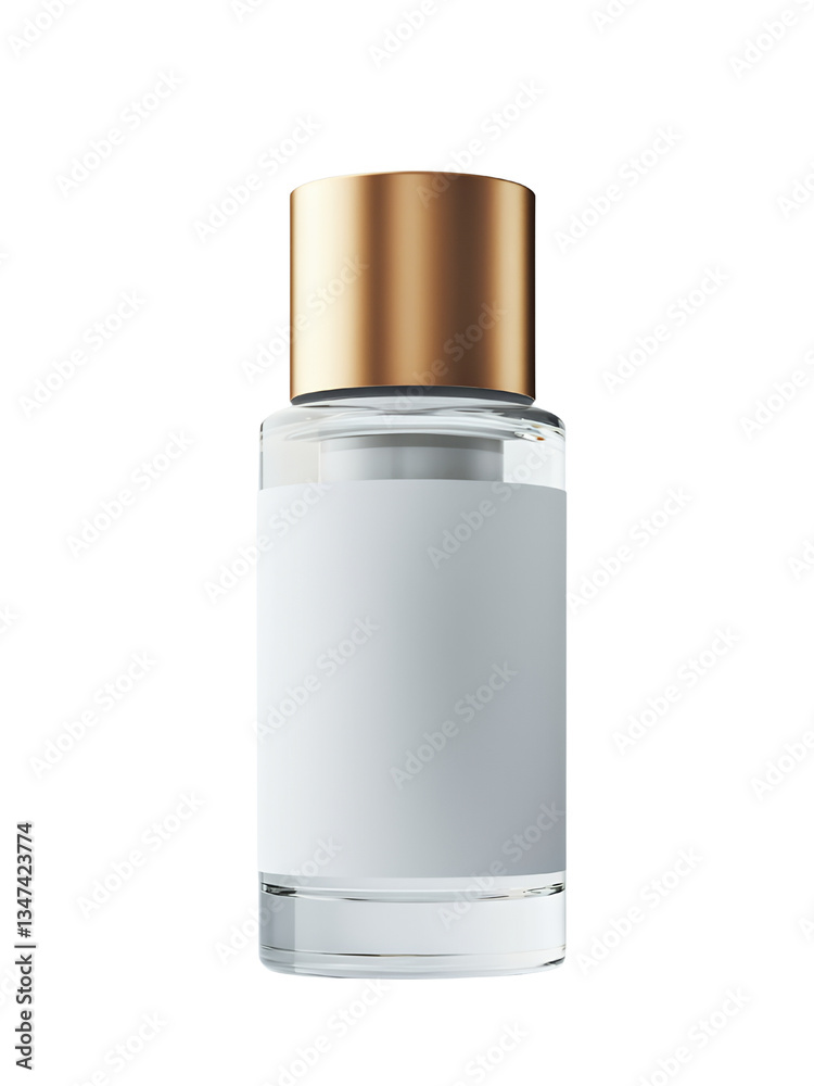 Elegant Clear Glass Bottle with Gold Cap on White Background Elegant Clear Glass Bottle with Gold Cap on White Background