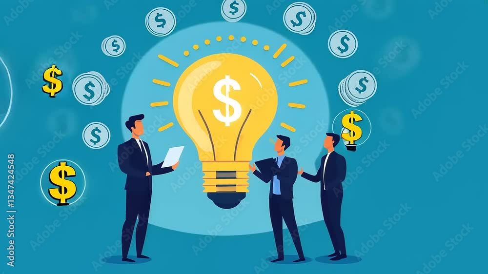 Business professionals discussing innovative ideas with a light bulb symbolizing creativity and investment