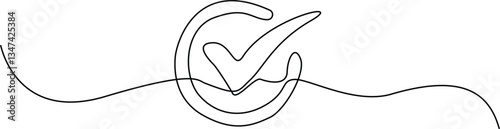 A check mark in the circle icon line continuous drawing vector, white background. check mark icon. Continuous outline of a check mark icon, vector illustration.