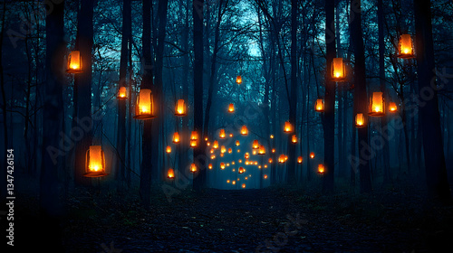 Glowing Lanterns Illuminating Dark Forest Path