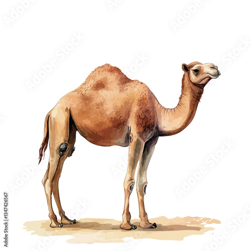 Camel is standing on the ground. It is brown and has a long neck.