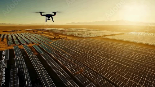 Drone inspecting solar farm at sunset with mountain backdrop.