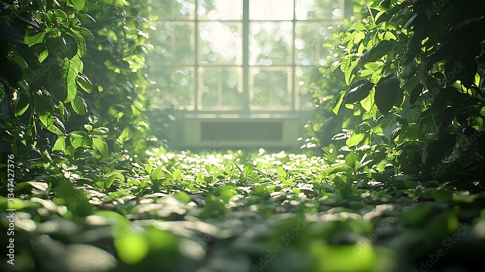 Fototapeta premium Sunlit Greenhouse Path, Overgrown Plants