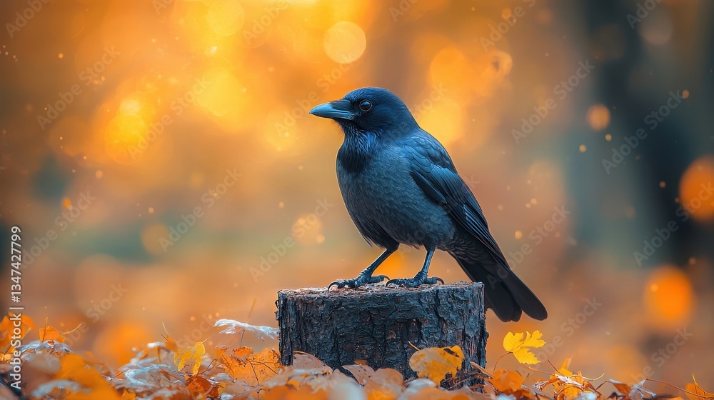 Fototapeta premium A solitary black bird perched on a log amidst vibrant autumn foliage