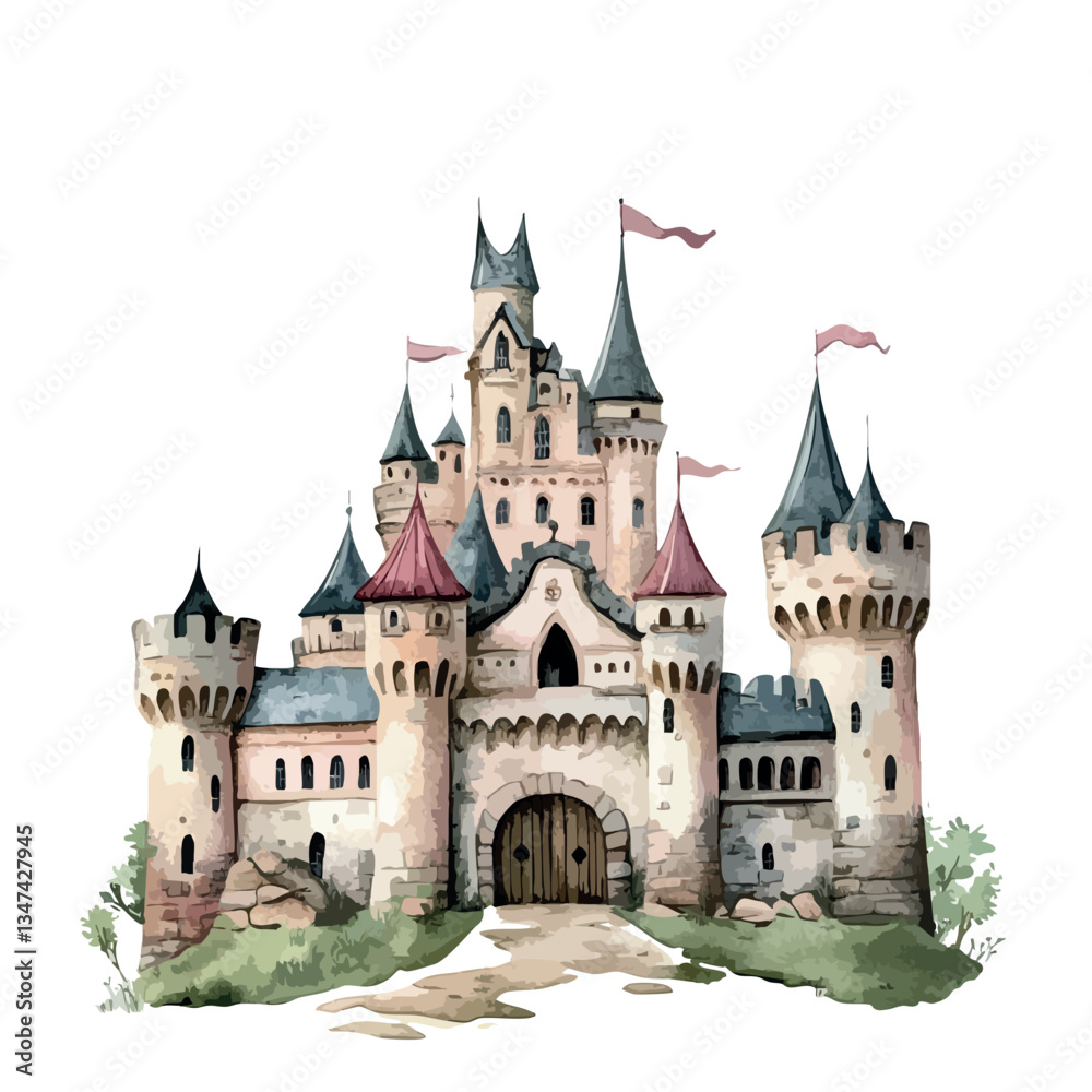 Fototapeta premium Castle with a large gate and a flag on top. The castle is white and has a red roof.