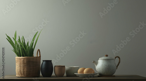 Wallpaper Mural Elegant Still Life Arrangement Of Tea Set, Plant And Vessels On A Wooden Table Torontodigital.ca