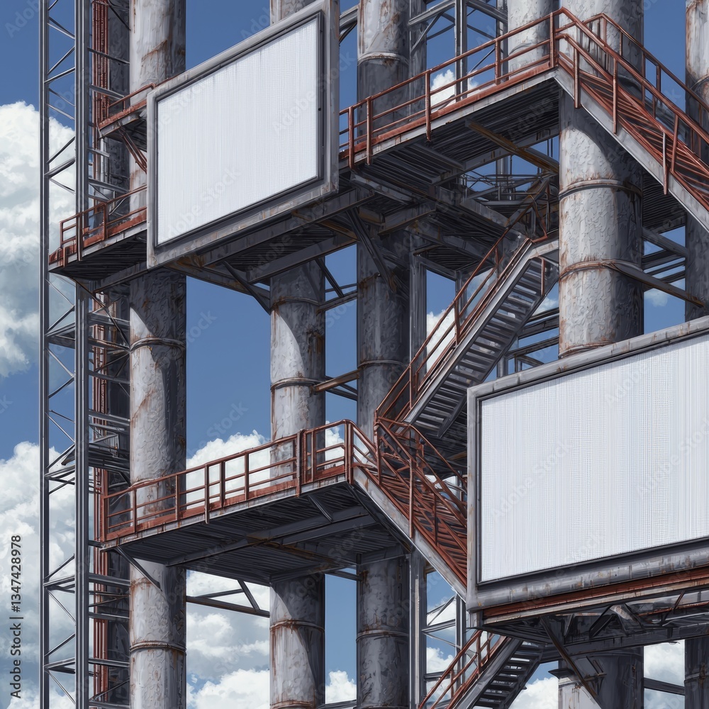 A detailed structure featuring metallic beams, staircases, and large blank billboards against a backdrop of blue skies and fluffy clouds. A detailed structure featuring metallic beams, staircases, and large blank billboards against a backdrop of blue skies and fluffy clouds.