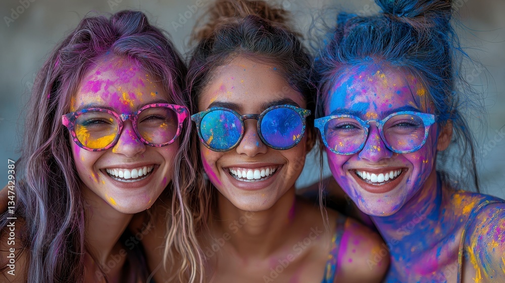 Joyful Group of Friends Smiling with Colorful Paint During Festival Celebration Selfie Joyful Group of Friends Smiling with Colorful Paint During Festival Celebration Selfie