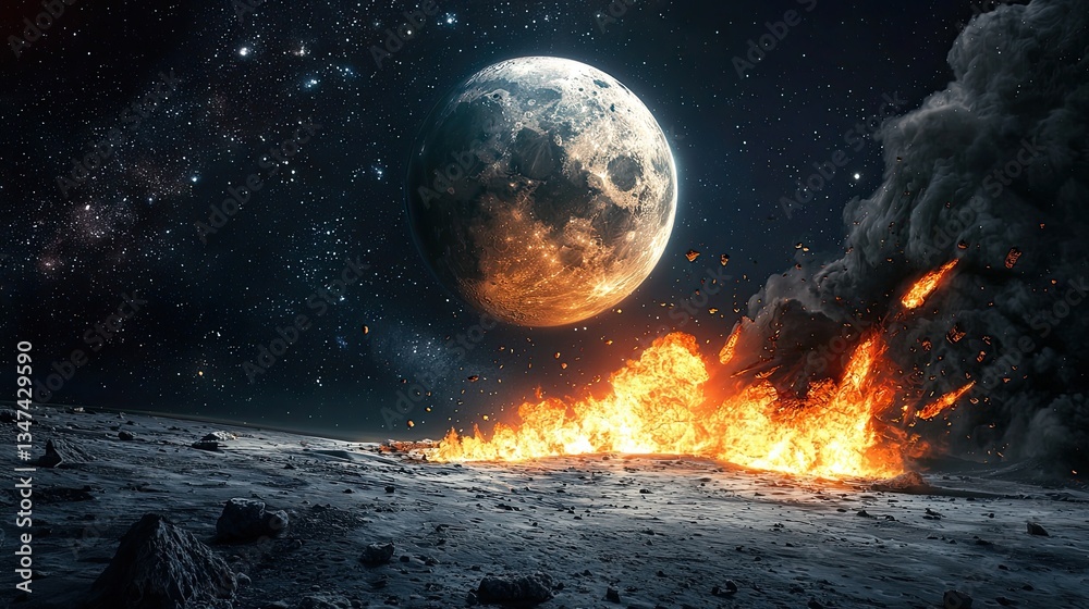 Fototapeta premium Lunar surface engulfed in flames beneath a starry sky