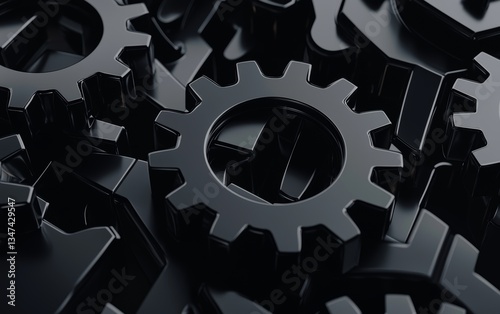 A close-up view of interlocking black gears, highlighting their intricate designs and mechanical details.