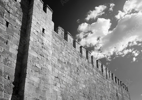 Old City Wall Stone Architecture Under Cloudy Sky Black and White