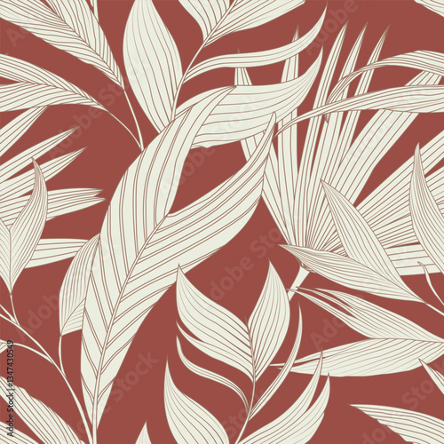 Tropical jungle seamless pattern background with palm leaves in baige.