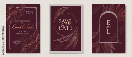 Luxury Vintage Wedding Invitation Set with Gold Palm Leaves on a Burgundy Background. Elegant Botanical Save the Date, RSVP, and Invitation art-deco, and bohemian wedding themes.
