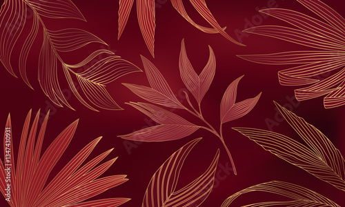 Luxury gold tropical jungl palm leaves vector background. Exotic romantic botanical wallpaper design with golden line art texture from palm leaves.
