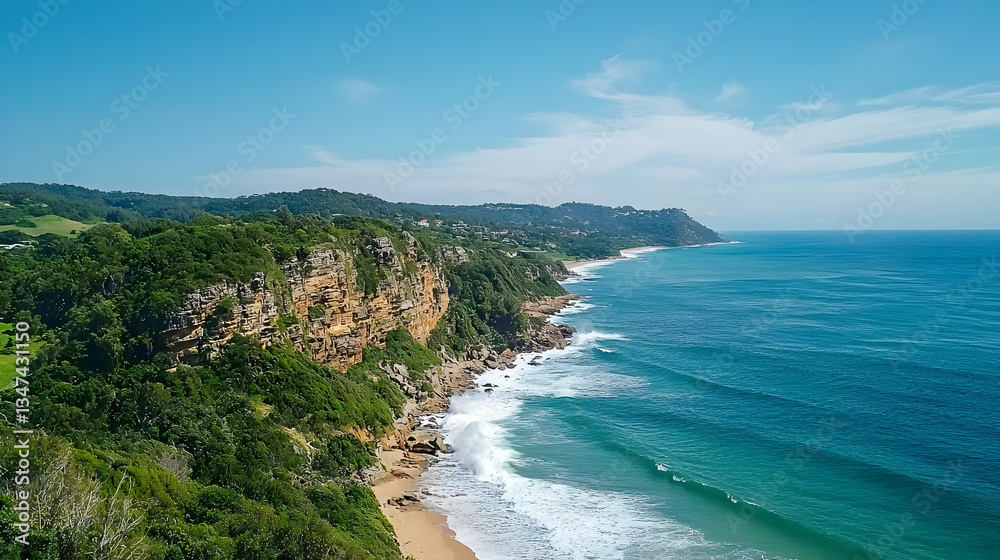 Aerial View of Scenic Coastline with Cliffs Ocean Water and Lush Vegetation under Blue Sky Aerial View of Scenic Coastline with Cliffs Ocean Water and Lush Vegetation under Blue Sky
