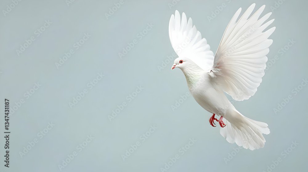 Fototapeta premium White Dove In Flight Against Light Gray Background