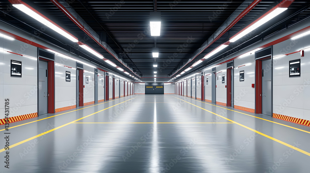Fototapeta premium Long Industrial Corridor With White Walls Red Door Frames and Bright Overhead Lighting