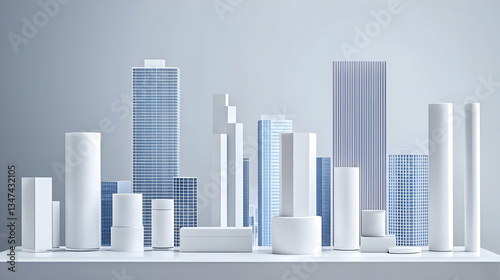 Abstract City Model With White And Blue Skyscrapers On Light Gray Background
