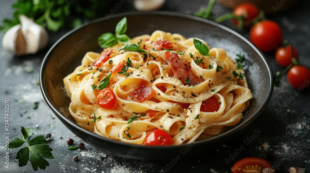 Pasta with tomatoes, herbs, bacon, creamy sauce in bowl, sprinkled pepper Pasta with tomatoes, herbs, bacon, creamy sauce in bowl, sprinkled pepper