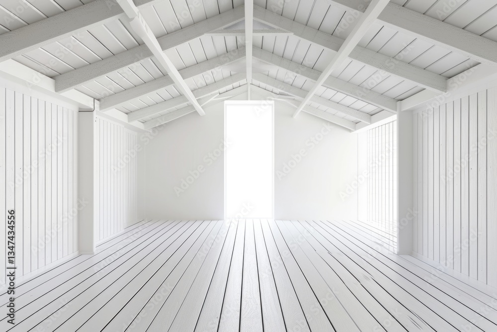 Fototapeta premium Empty white attic room with wooden beams, walls, and floor, bright light from a window.