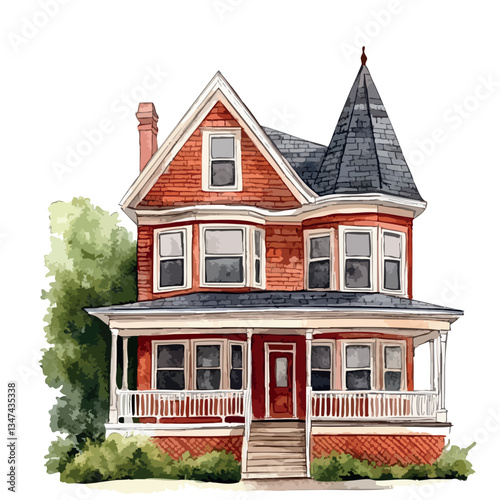 House with a red roof and white trim. The house has a porch with a railing. The front door is red.