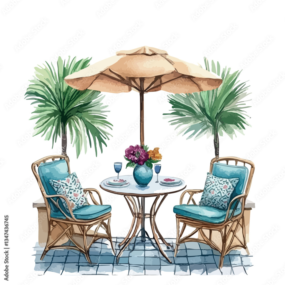 Fototapeta premium Table with two chairs and a vase of flowers. A blue umbrella is above the table.