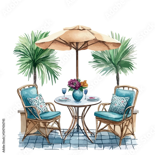 Table with two chairs and a vase of flowers. A blue umbrella is above the table.