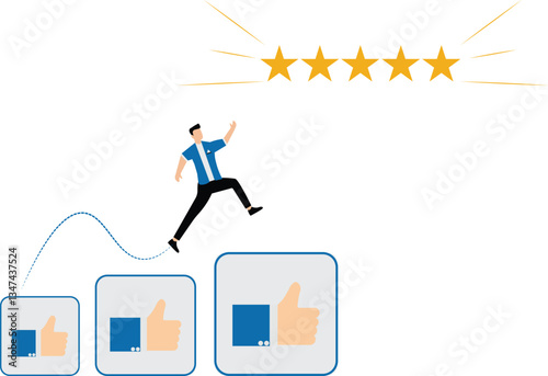 Businessman jump on rising thumb up hands to reach five star. Review and compliment business c