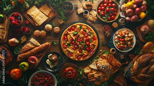 A flat lay captures a table brimming with diverse, colorful foods