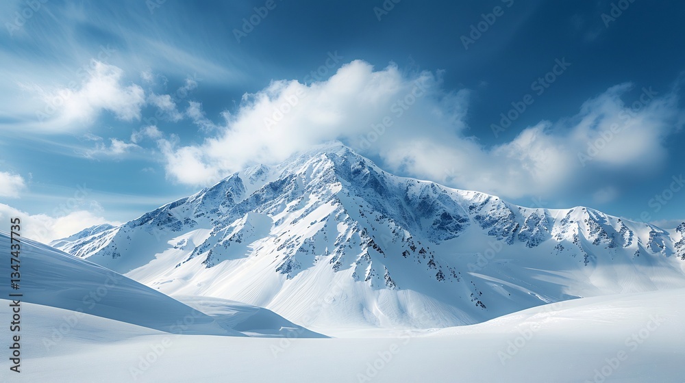 Snow covered mountain peak under bright blue sky vast and majestic winter landscape perfect for travel branding adventure themes and text overlays with copy space Snow covered mountain peak under bright blue sky vast and majestic winter landscape perfect for travel branding adventure themes and text overlays with copy space