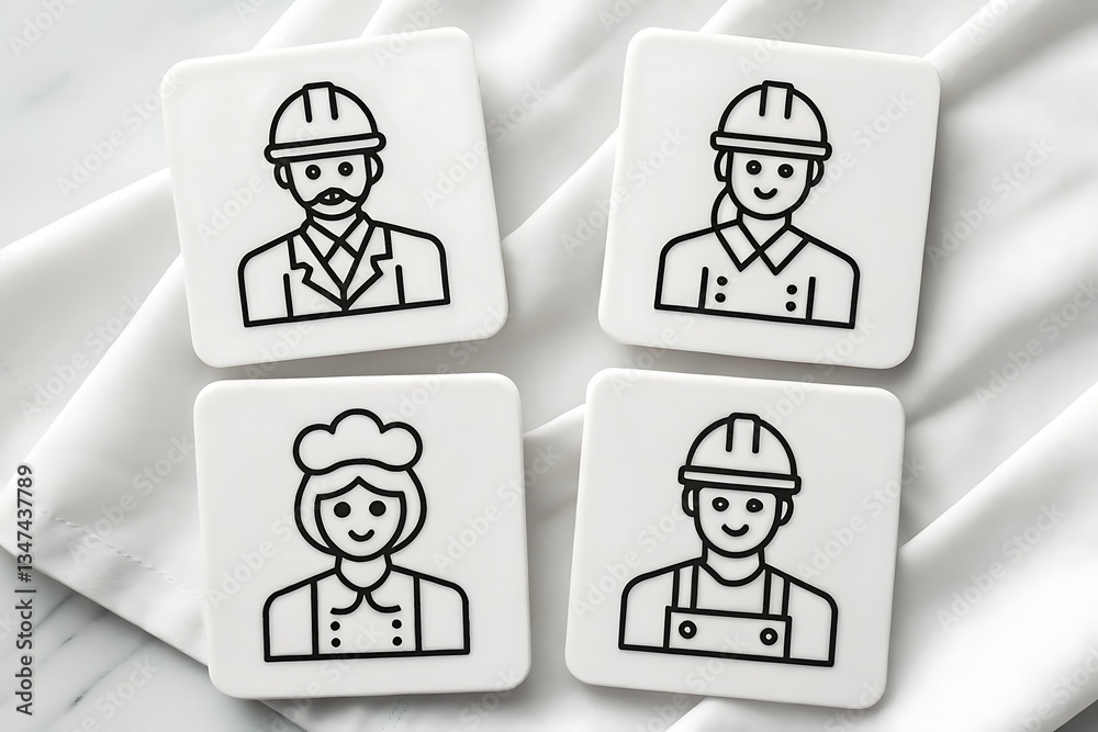 Minimalist Iconography Diverse Professions Presented as Black Line Art on Clean White Tiles, Concept Design, Equality Minimalist Iconography Diverse Professions Presented as Black Line Art on Clean White Tiles, Concept Design, Equality