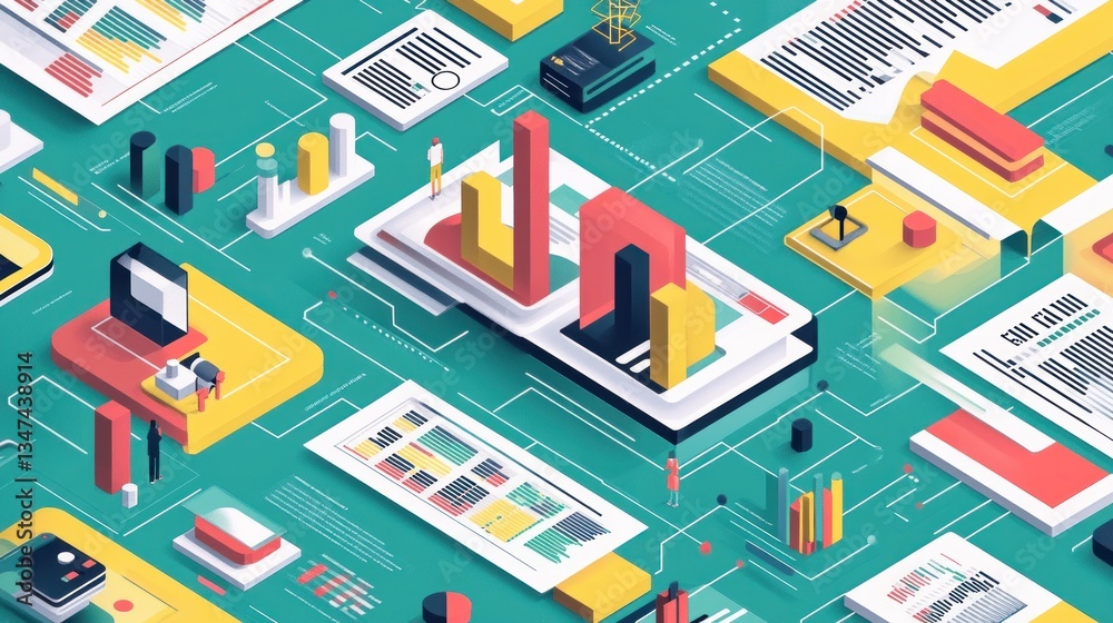 Abstract isometric illustration of business data analysis, reports, and graphs interconnected with a network. Abstract isometric illustration of business data analysis, reports, and graphs interconnected with a network.