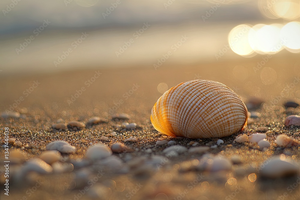Seashell Resting on Sandy Beach with Golden Sunset Light Reflection Seashell Resting on Sandy Beach with Golden Sunset Light Reflection