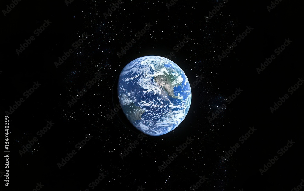 Obraz premium Planet Earth in space with stars. Blue oceans, white clouds, green land