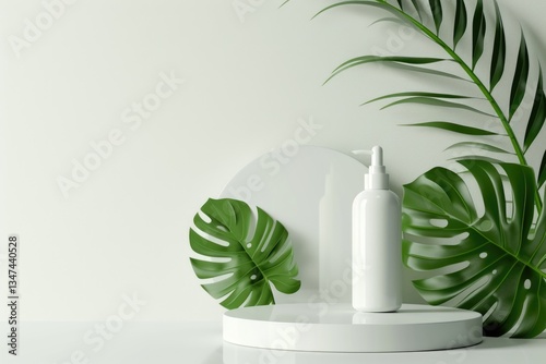 White bottle of lotion or soap sits on a minimalist white platform adorned with lush green monstera leaves.