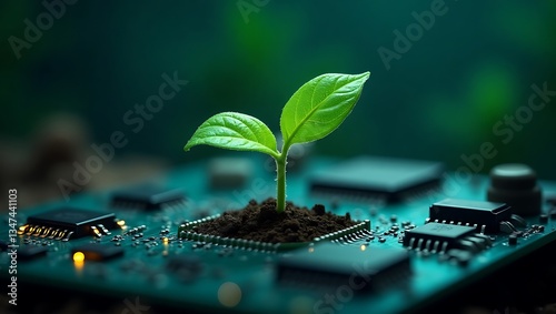 Futuristic Eco-Tech Green Sapling Growing from a Microchip – Nature Meets Technology
