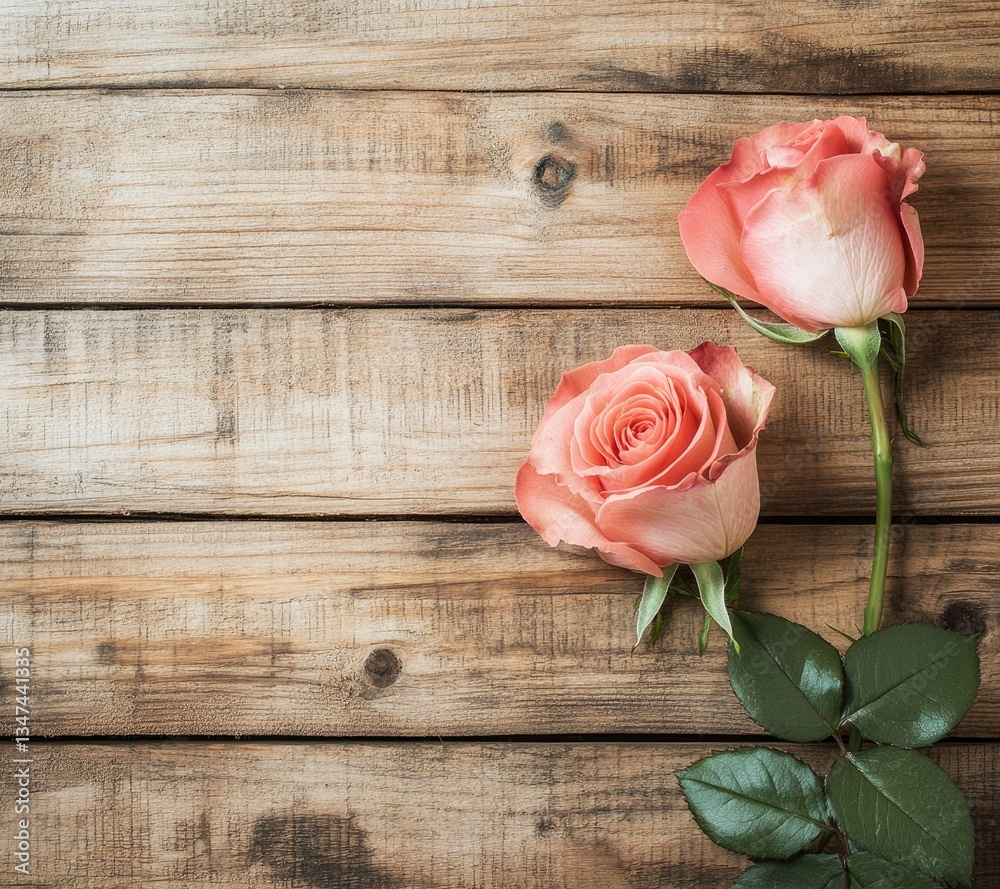 Two Pink Roses Laying on Weathered Wood Plank Background for Love Two Pink Roses Laying on Weathered Wood Plank Background for Love