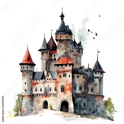 Castle with a red roof and a white background. The castle is old and has a lot of detail.