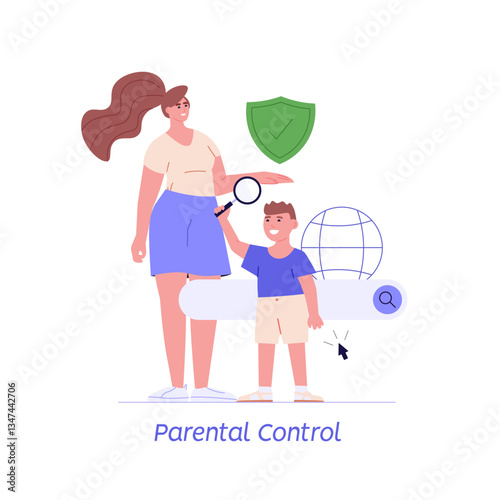 Child with parents searching information in internet. Parental control, Content for kids, Digital limit for children. Concept of web protection, children internet safety security for web UI banners
