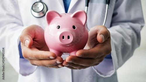A doctor holding a pink piggy bank in hands, wearing white lab coat and stethoscope. v4