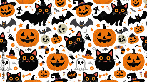 Playful Halloween Pattern with Pumpkins, Bats, and Ghosts on Light Background