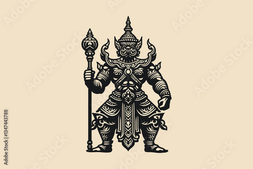 Vintage black engraving icon of a mythical warrior with a mace