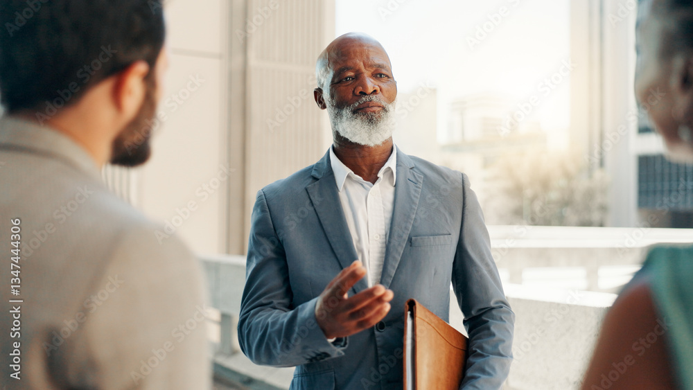 Fototapeta premium Meeting, mentor and teamwork with business man in city for real estate developer, partnership and discussion. Property realtor, urban planning and project with employees outdoors for collaboration