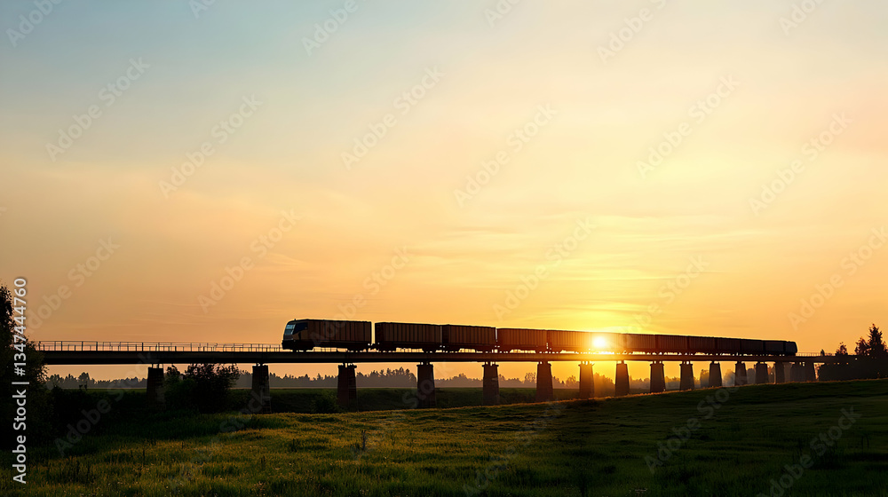 Obraz premium Silhouette Of Cargo Train On Bridge At Sunrise