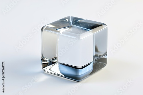 A translucent cube of ice, with a central opaque white section, sits on a white background.