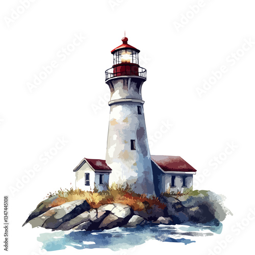 Lighthouse is on a rocky shore. The lighthouse is white and red.